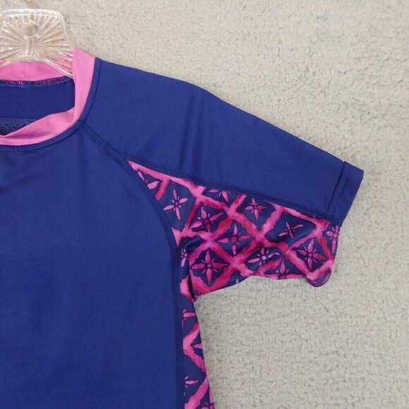 Patagonia Rash Guard Shirt Girl's Large Blue Pink Short Sleeve Mock Neck Swim - Picture 3 of 10